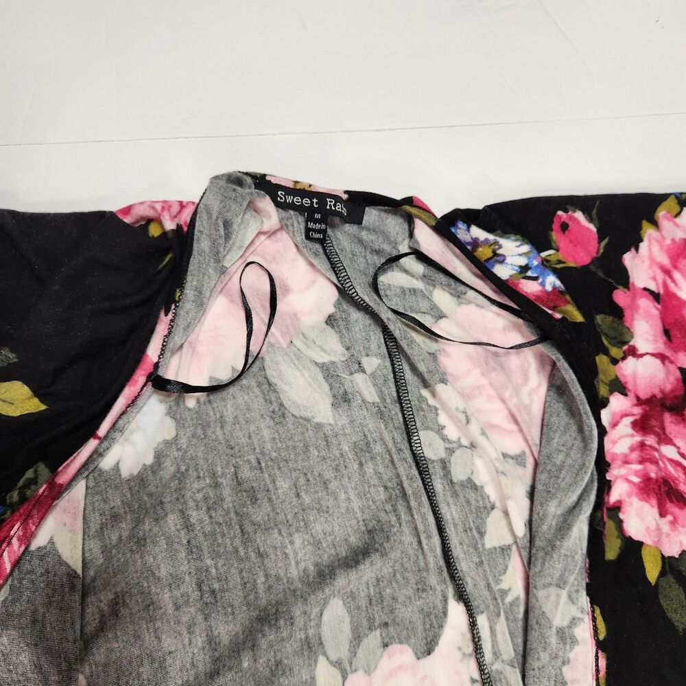 Sweet Rain Open Front Cardigan Womens M Boho Fringe Floral Kimono Black Pink - Picture 4 of 10